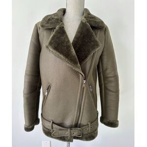 ONLY Luxury Dark Green Shearling Aviator Jacket Faux Fur Trim Biker Coat size 36
